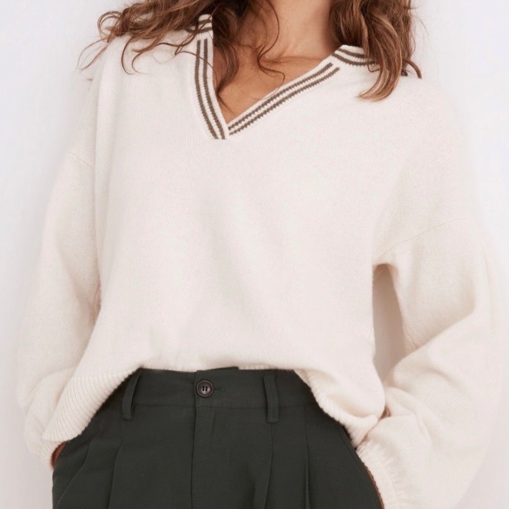Madewell Womens Cream & Olive Wool Blend Striped V-Neck Varsity Sweater S